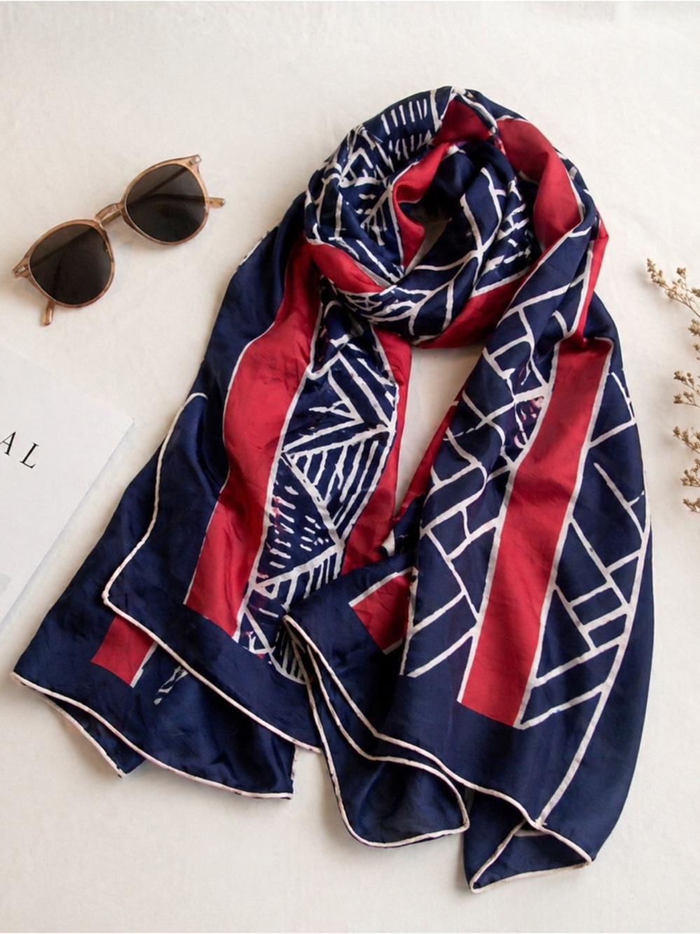 Silk Geometric Scarf | Navy Red White | 33” Square | Luxe Statement Piece